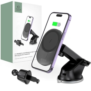 Hurtownia GSM - [OUTLET] Auto-Halterung mit kabellosem MagSafe-Ladegerät Tech-Protect MM15W-V1 Dashboard- und Lüftungshalterung kabelloses Ladegerät 15W Schwarz - OT-658 - {ean13} - Hurt