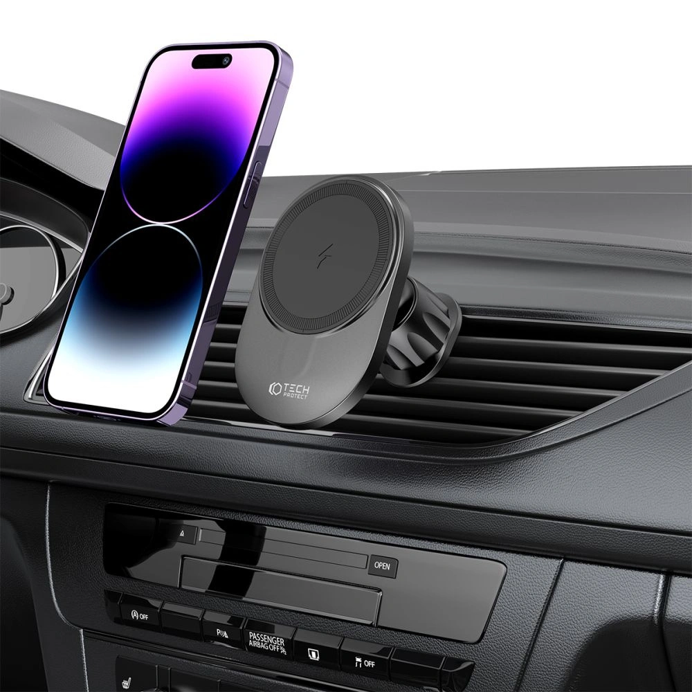 Hurtownia GSM - [OUTLET] Auto-Halterung mit kabellosem MagSafe-Ladegerät Tech-Protect MM15W-V1 Dashboard- und Lüftungshalterung kabelloses Ladegerät 15W Schwarz - OT-658 - {ean13} - Hurt