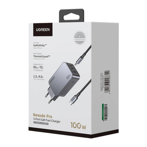 Ładowarka sieciowa UGREEN Nexode Pro 100W GaN USB-A, 2xUSB-C szara