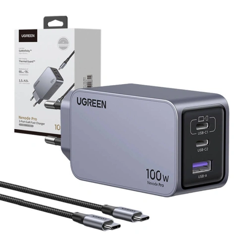 Ładowarka sieciowa UGREEN Nexode Pro 100W GaN USB-A, 2xUSB-C szara