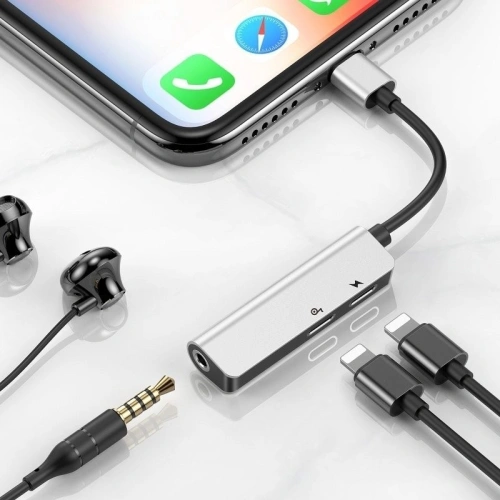 Adapter Audio Baseus L52 Lightning do Mini Jack 3.5mm i 2x Lightning (srebrny)