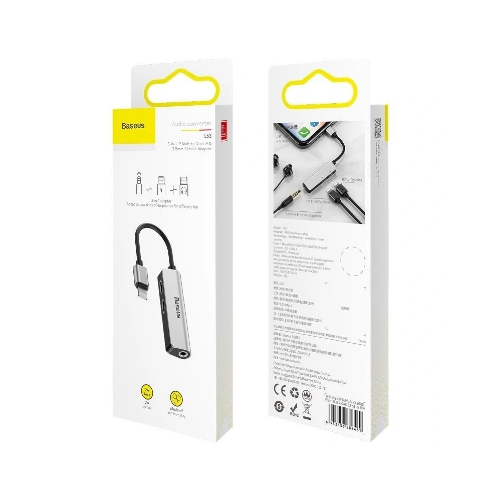 Hurtownia GSM - Adapter Audio Baseus L52 Lightning do Mini Jack 3.5mm i 2x Lightning (srebrny) - BSU690SLV - {ean13} - Hurt