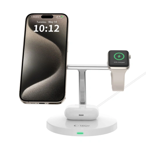Ładowarka indukcyjna 3w1 Tech-Protect A35 QI 15W Magnetic Magsafe Wireless Charger + kabel USB-C / USB-C 100cm white 