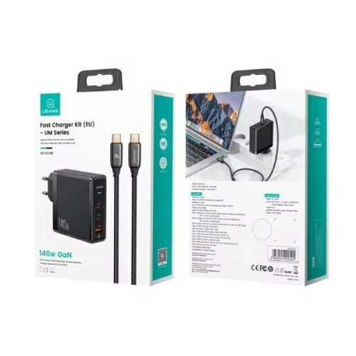 Ładowarka sieciowa USAMS US-CC168 USB-A, 2xUSB-C T52 PD 140W Fast Charging + kabel USB-C / USB-C 240W czarny/black