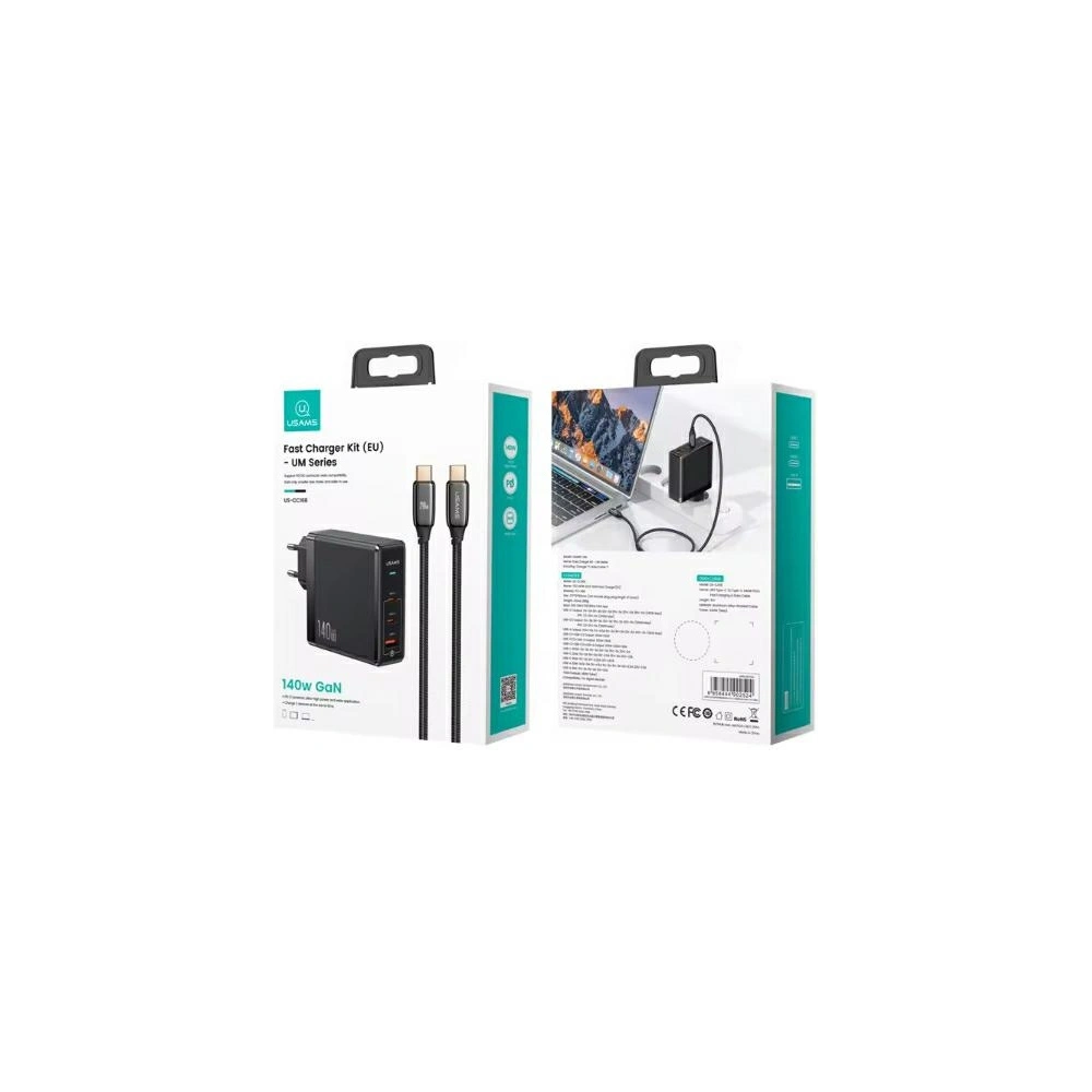 Hurtownia GSM - Síťová nabíječka USAMS US-CC168 USB-A, 2xUSB-C T52 PD 140W Rychlé nabíjení + kabel USB-C / USB-C 240W černý/black - USA1117 - {ean13} - Hurt