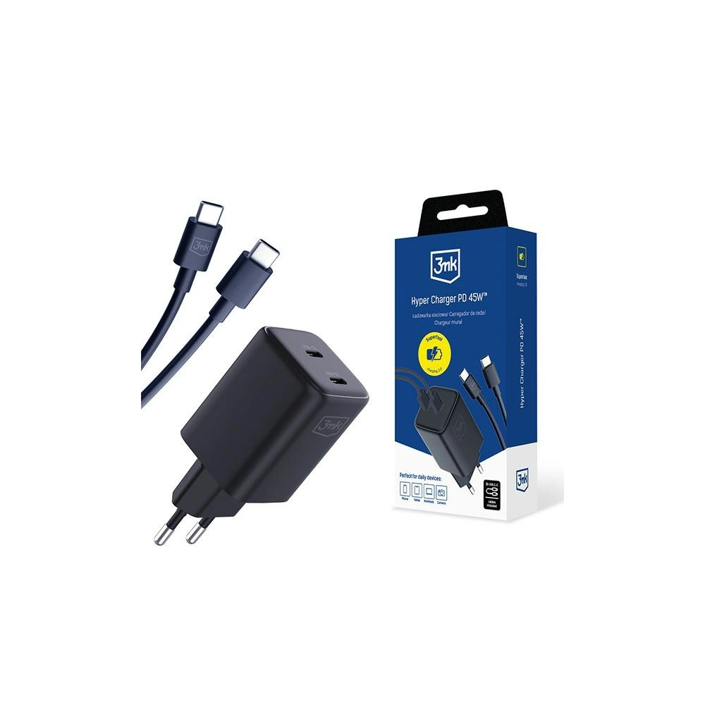Hurtownia GSM - Hálózati töltő 3MK Hyper Charger PD 45W fekete + 2x USB-C / USB-C kábel - 3MK6198 - {ean13} - Hurt