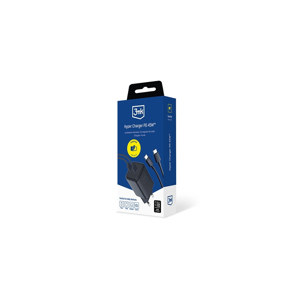 Hurtownia GSM - Hálózati töltő 3MK Hyper Charger PD 45W fekete + 2x USB-C / USB-C kábel - 3MK6198 - {ean13} - Hurt