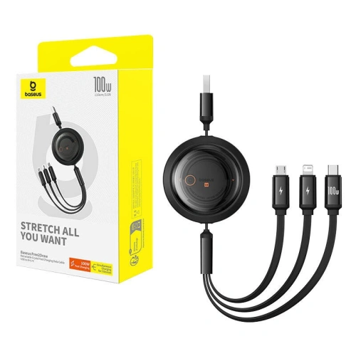 Kabel 3w1 Baseus Free2Draw USB/A / microUSB,Lightning,USB-C, 100W, 1.1 m (czarny)