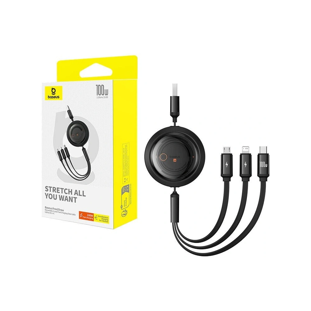 Hurtownia GSM - Kabel 3w1 Baseus Free2Draw USB/A / microUSB,Lightning,USB-C, 100W, 1.1 m (czarny) - BSU4915 - {ean13} - Hurt