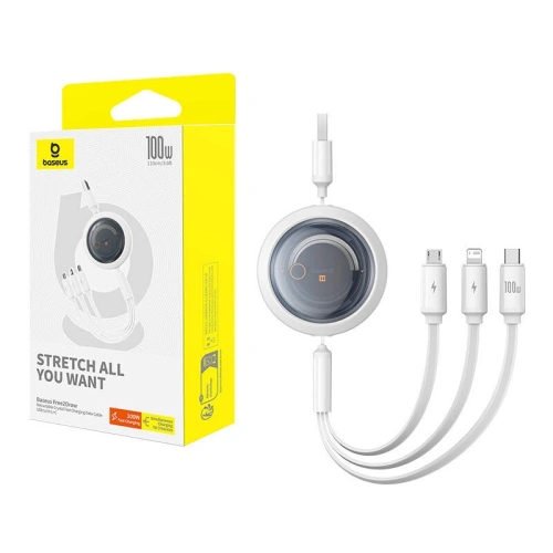 Kabel 3w1 Baseus Free2Draw USB-A / microUSB,Lightning,USB-C, 100W, 1.1 m (biały)