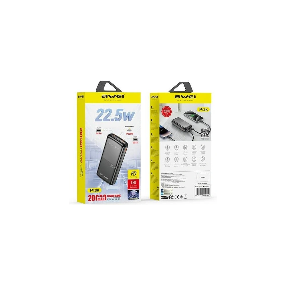 Hurtownia GSM - Powerbank AWEI P13K 20000mAh 22.5W Digitální displej černý/black - AWEI200 - {ean13} - Hurt