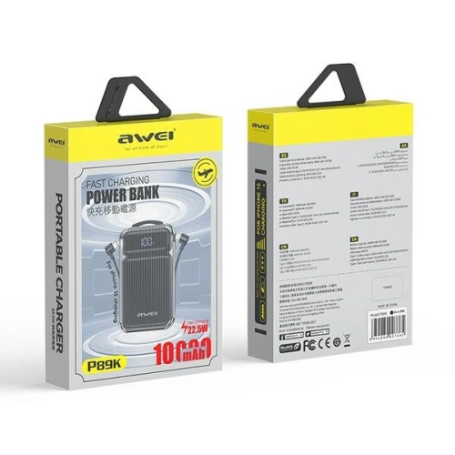Powerbank AWEI P89K 10000mAh 38,5W czarny/black + kabel USB-C / Lightning