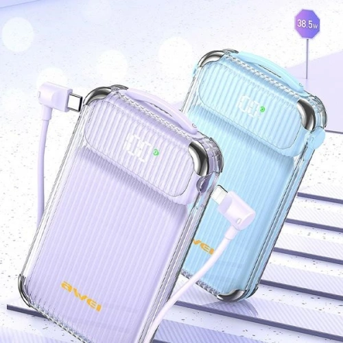 Powerbank AWEI P89K 10000mAh 38,5W czarny/black + kabel USB-C / Lightning