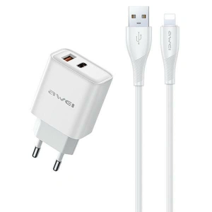 Hurtownia GSM - AWEI PD81L-EU GaN 22.5W hálózati töltő + USB-A / Lightning kábel fehér színben - AWEI206 - {ean13} - Hurt
