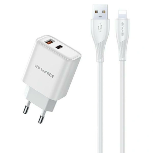 Ładowarka sieciowa AWEI PD81L-EU GaN 22.5W + kabel USB-A / Lightning biała/white