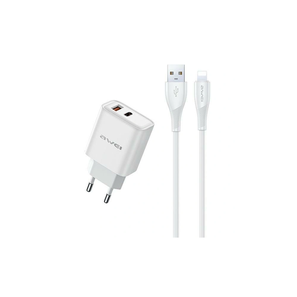 Hurtownia GSM - AWEI PD81L-EU GaN 22.5W hálózati töltő + USB-A / Lightning kábel fehér színben - AWEI206 - {ean13} - Hurt