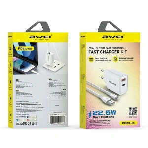 Hurtownia GSM - AWEI PD81L-EU GaN 22.5W hálózati töltő + USB-A / Lightning kábel fehér színben - AWEI206 - {ean13} - Hurt
