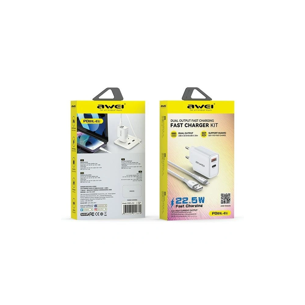 Hurtownia GSM - AWEI PD81L-EU GaN 22.5W hálózati töltő + USB-A / Lightning kábel fehér színben - AWEI206 - {ean13} - Hurt