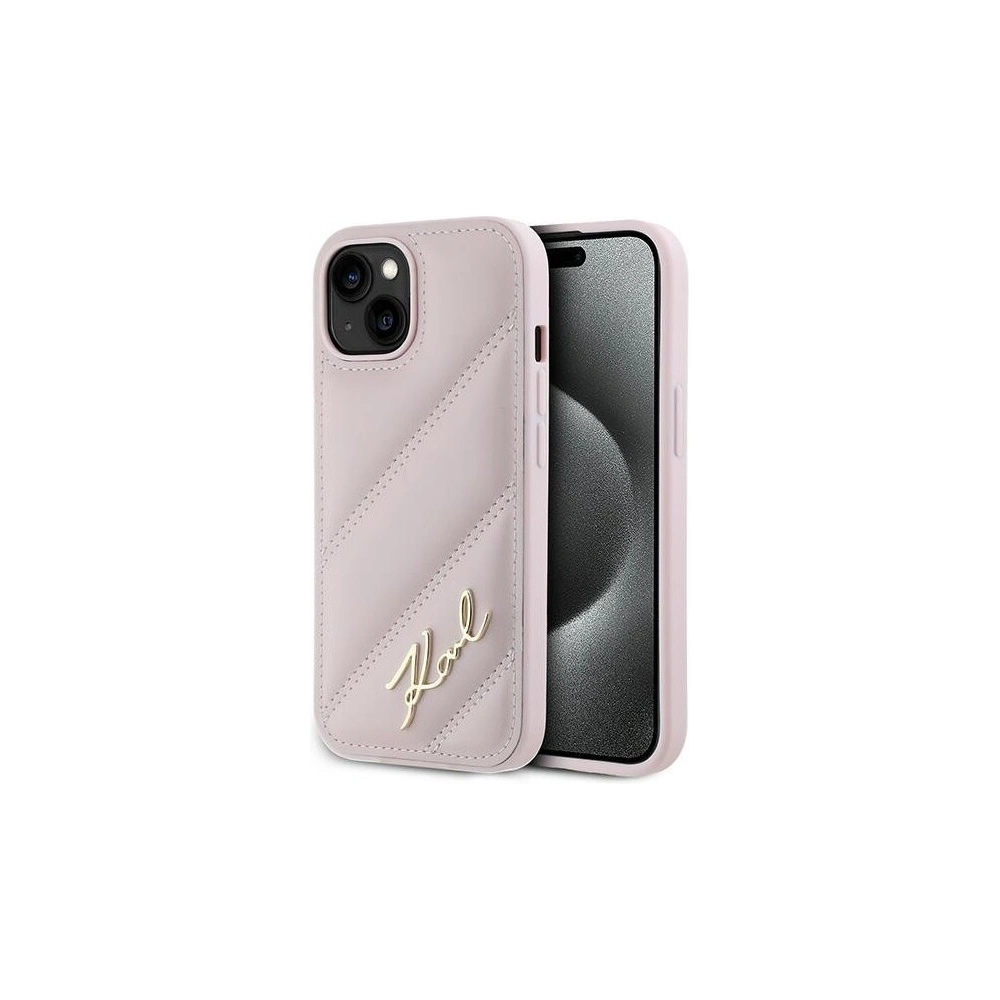 Wholesale Karl Lagerfeld KLHCP14SPQDSMGP Apple iPhone 14 / 15 / 13 hardcase Diagonal Quilted Script pink - KLD2121 - {ean13} - Hurt