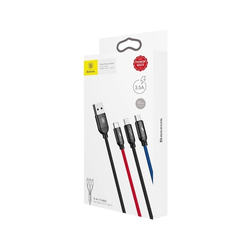 Hurtownia GSM - Kabel USB Baseus 3w1 USB-C / Lightning / Micro 3,5A 0,3m (czarny) - BSU774BLK - {ean13} - Hurt