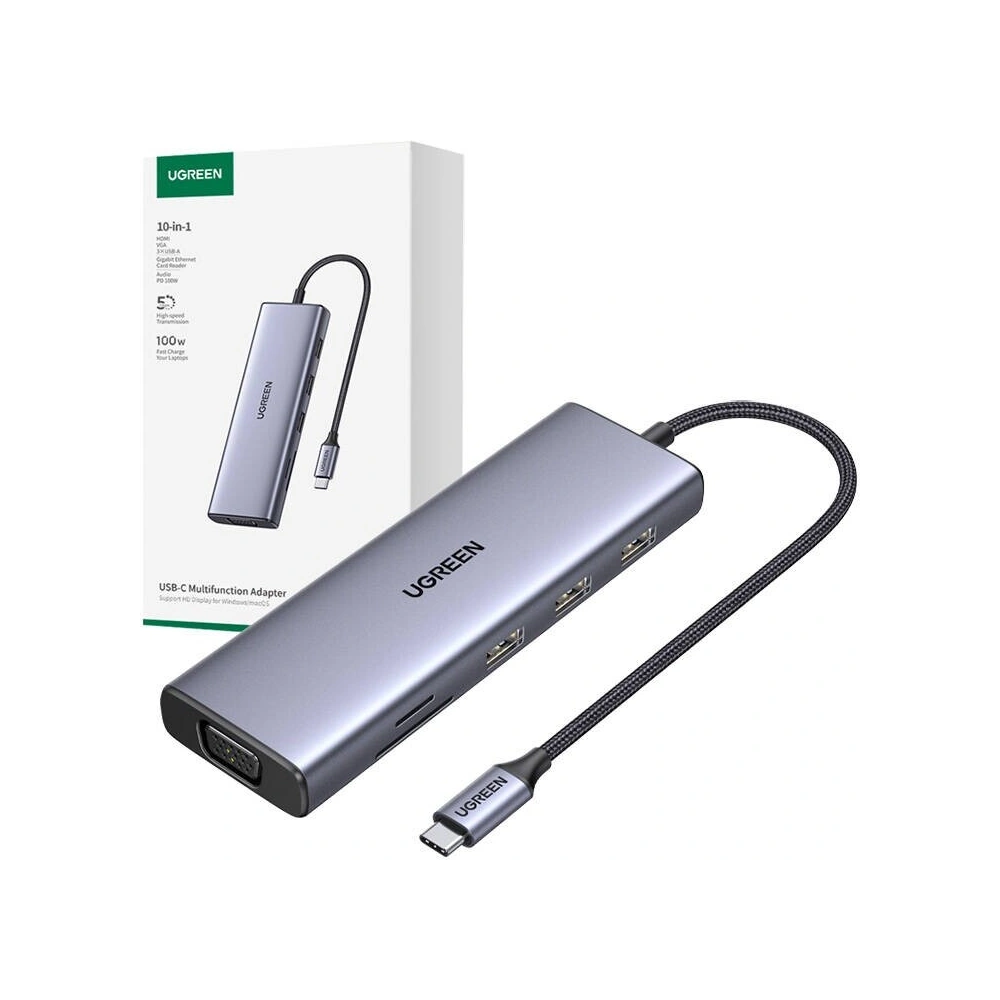 Hurtownia GSM - Adapter UGREEN USB-C / CM498 3xUSB-A 3.0, USB-C PD 100W, HDMI 4K30Hz, VGA, RJ45, SD/TF szary - UGR1864 - {ean13} - Hurt