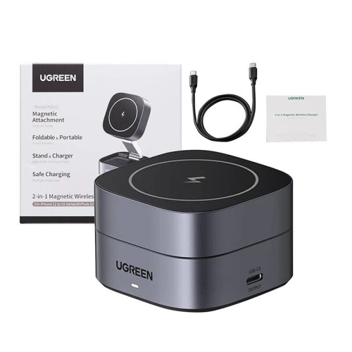 Ładowarka indukcyjna Qi 2w1 UGREEN W256 iPhone, AirPods, 20W czarna + kabel USB-C / USB-C 1m - Indukcyjne (bezprzewodowe) - Ugreen