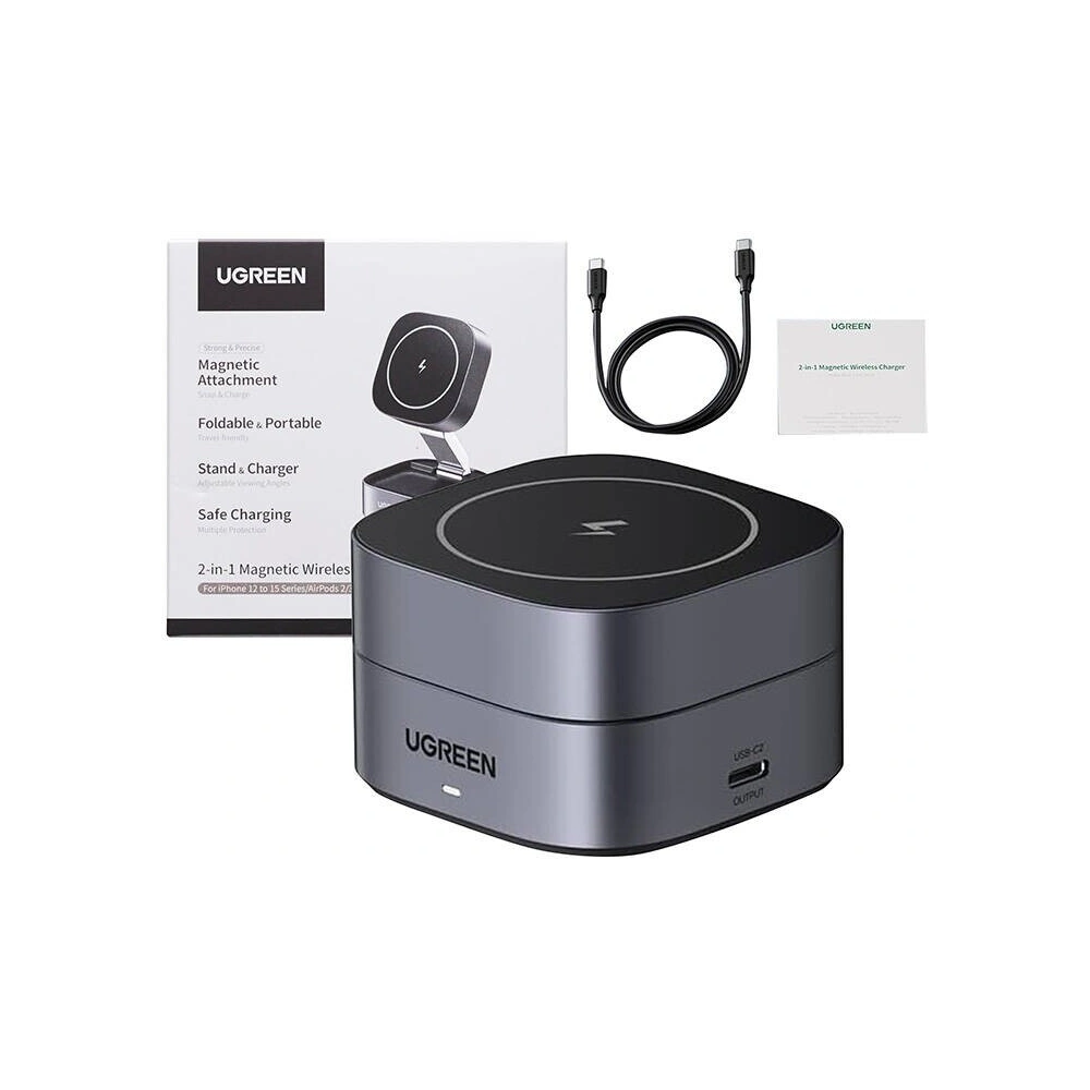 Hurtownia GSM - Qi indukciós töltő 2w1 UGREEN W256 MagSafe iPhone-hoz, AirPods-hoz, 20W fekete + USB-C / USB-C 1m kábel - UGR1876 - {ean13} - Hurt