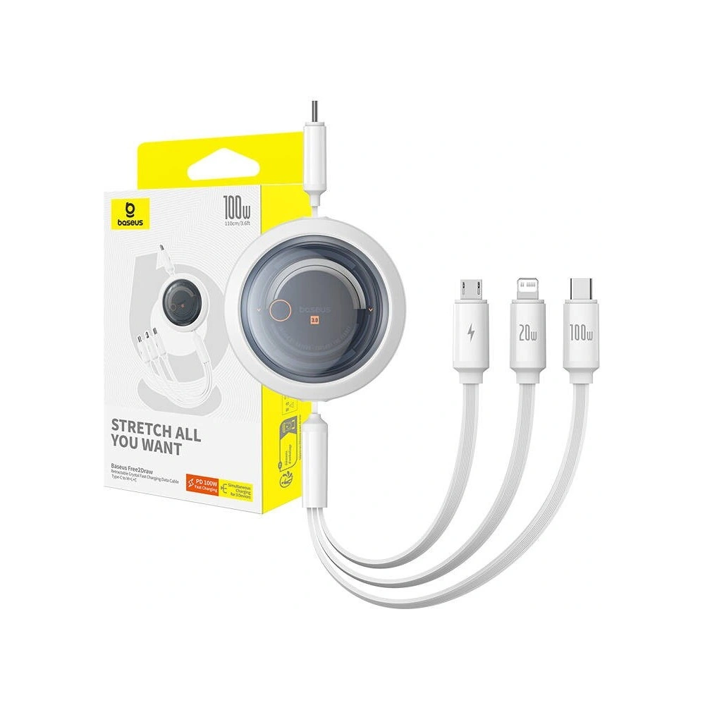 Hurtownia GSM - Kabel Baseus Free2Draw 3w1 USB-C / USB-C, Lightning, MicroUSB 100W 1.1m bílý - BSU4919 - {ean13} - Hurt