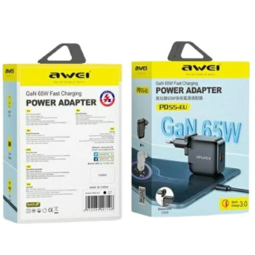 Ładowarka sieciowa AWEI PD55-EU GaN 65W USB-A, USB-C czarna/black - Sieciowe - Awei