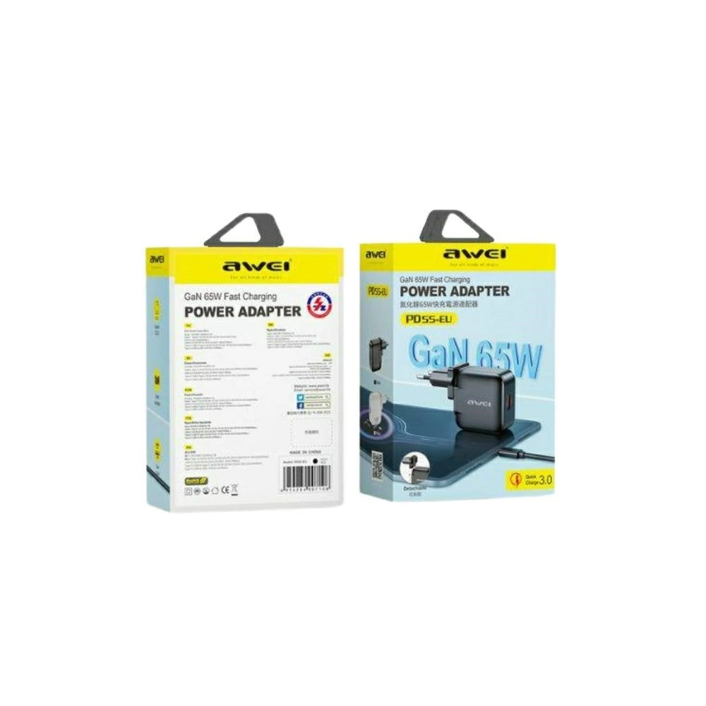 Hurtownia GSM - AWEI PD55-EU GaN 65W hálózati töltő USB-A, USB-C fekete - AWEI214 - {ean13} - Hurt