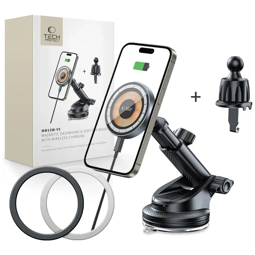 Hurtownia GSM - Auto-Halterung für Lüftungsgitter / für die Windschutzscheibe mit 15W Ladegerät Tech-Protect MM15W-V5 Magnetic MagSafe - THP3059 - {ean13} - Hurt