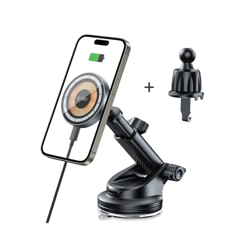 Uchwyt samochodowy do kratki / na szybę / na kokpit z ładowarką 15W Tech-Protect MM15W-V5 Magnetic MagSafe Black - na kokpit / szybę - Tech-Protect