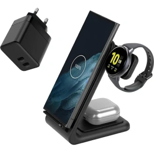 Hurtownia GSM - Zestaw Crong hálózati töltő 2xUSB-C 35W + vezeték nélküli GaN PD PowerSpot Pivot Állvány 3w1 fekete - CRG802 - {ean13} - Hurt