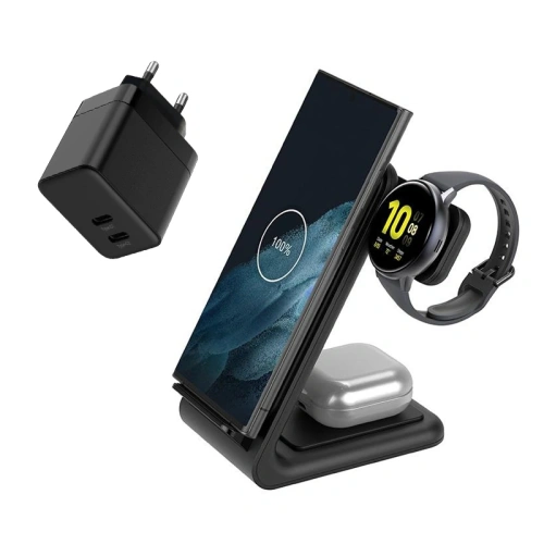 Zestaw Crong ładowarka sieciowa 2xUSB-C 35W + bezprzewodowa GaN PD PowerSpot Pivot Stand 3w1 czarna - Indukcyjne (bezprzewodowe) - Crong