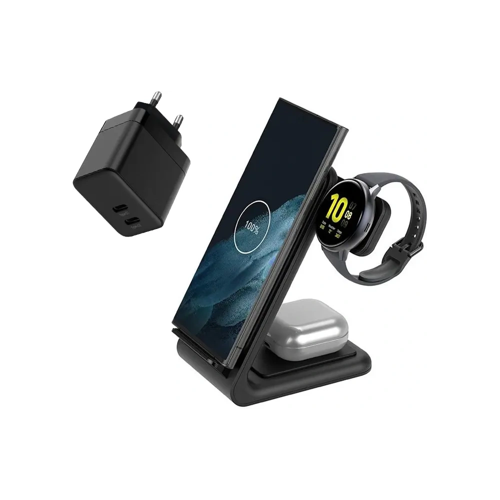 Hurtownia GSM - Set Crong Netzladegerät 2xUSB-C 35W + drahtloser GaN PD PowerSpot Pivot Stand 3in1 schwarz - CRG802 - {ean13} - Hurt