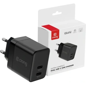 Hurtownia GSM - Zestaw Crong hálózati töltő 2xUSB-C 35W + vezeték nélküli GaN PD PowerSpot Pivot Állvány 3w1 fekete - CRG802 - {ean13} - Hurt