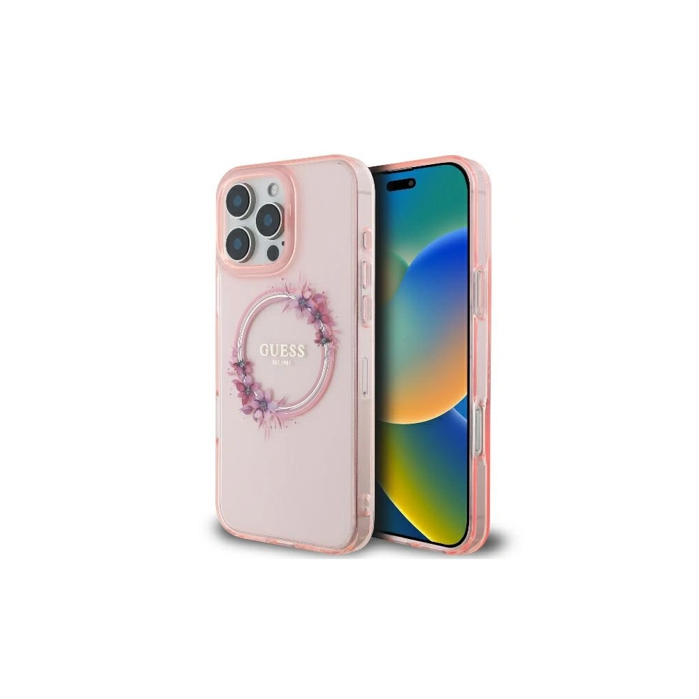 Wholesale Case Guess GUHMP16LHFWFCP Apple iPhone 16 Pro hardcase IML Flowers Wreath MagSafe pink - GUE3555 - {ean13} - Hurt
