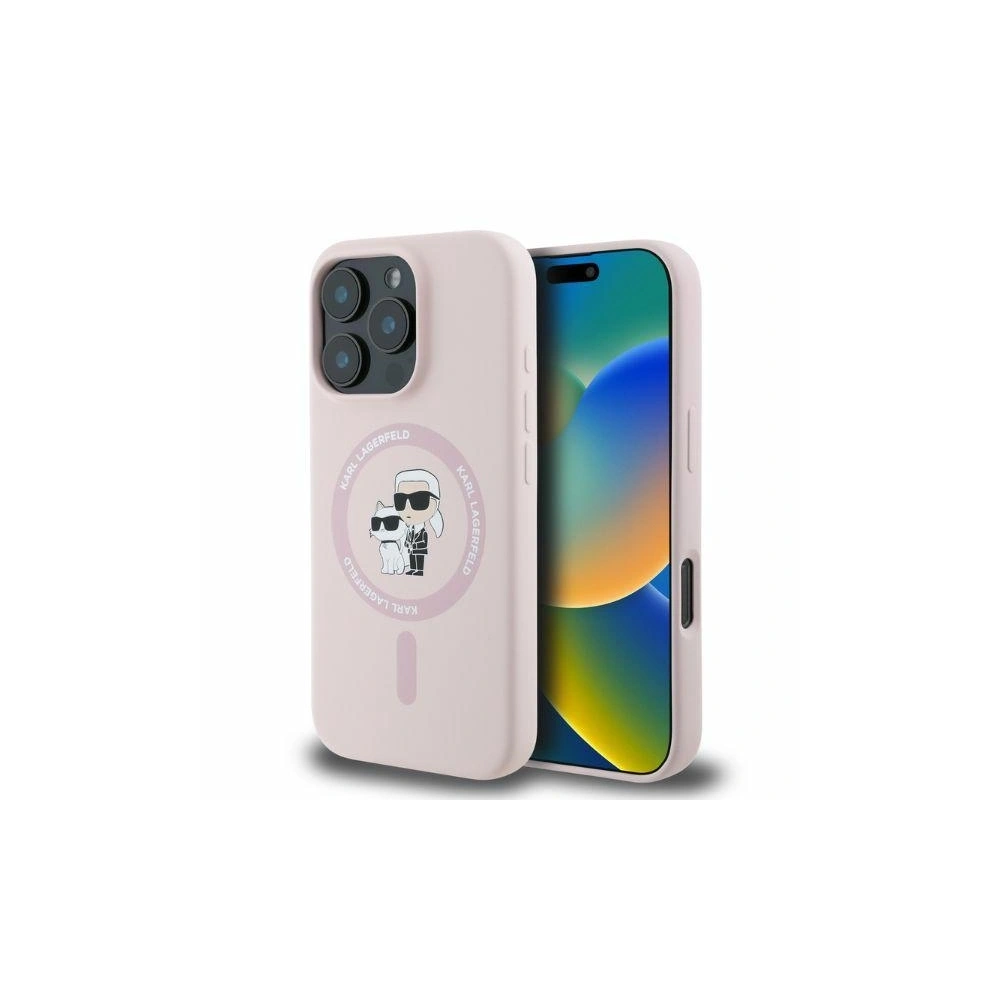 Fall Karl Lagerfeld KLHMP16LSCMKCRHP Apple iPhone 16 Pro Hardcase Silikon Karl&Choupette Köpfe Ring MagSafe rosa - iPhone 16 Pro - Karl Lagerfeld