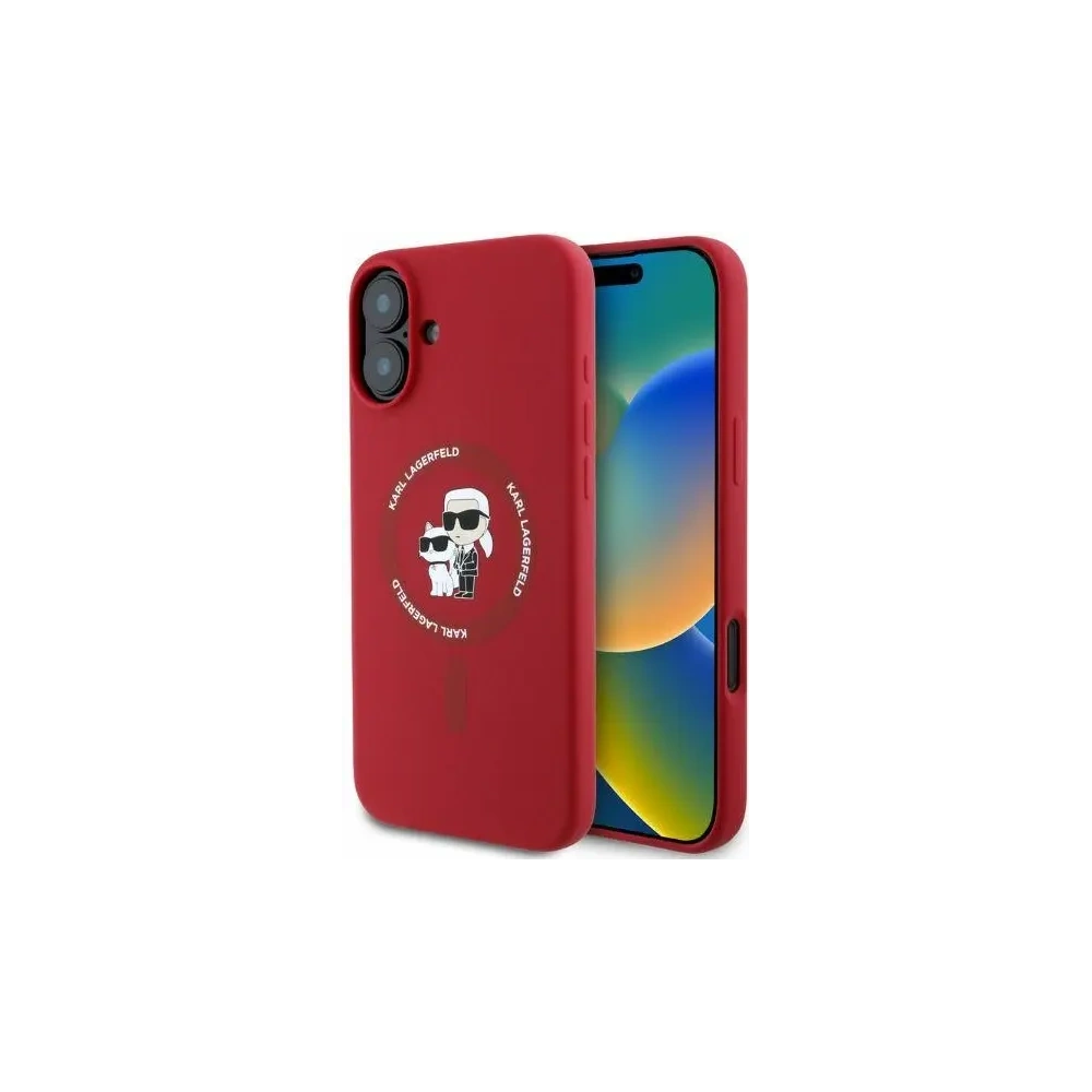 Fall Karl Lagerfeld KLHMP16SSCMKCRHR Apple iPhone 16 Hartschale Silikon Karl&Choupette Köpfe Ring MagSafe rot