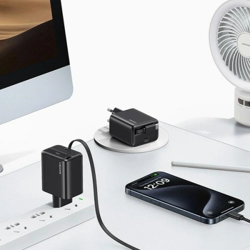 Ładowarka sieciowa USAMS USB-C + zwijany kabel USB-C PD+QC 20W Gan Fast Charging biały YC Series - Sieciowe - Usams