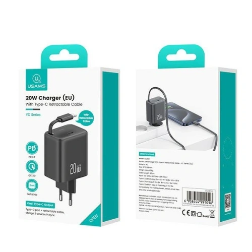 Ładowarka sieciowa USAMS USB-C + zwijany kabel USB-C PD+QC 20W Gan Fast Charging biały YC Series - Sieciowe - Usams