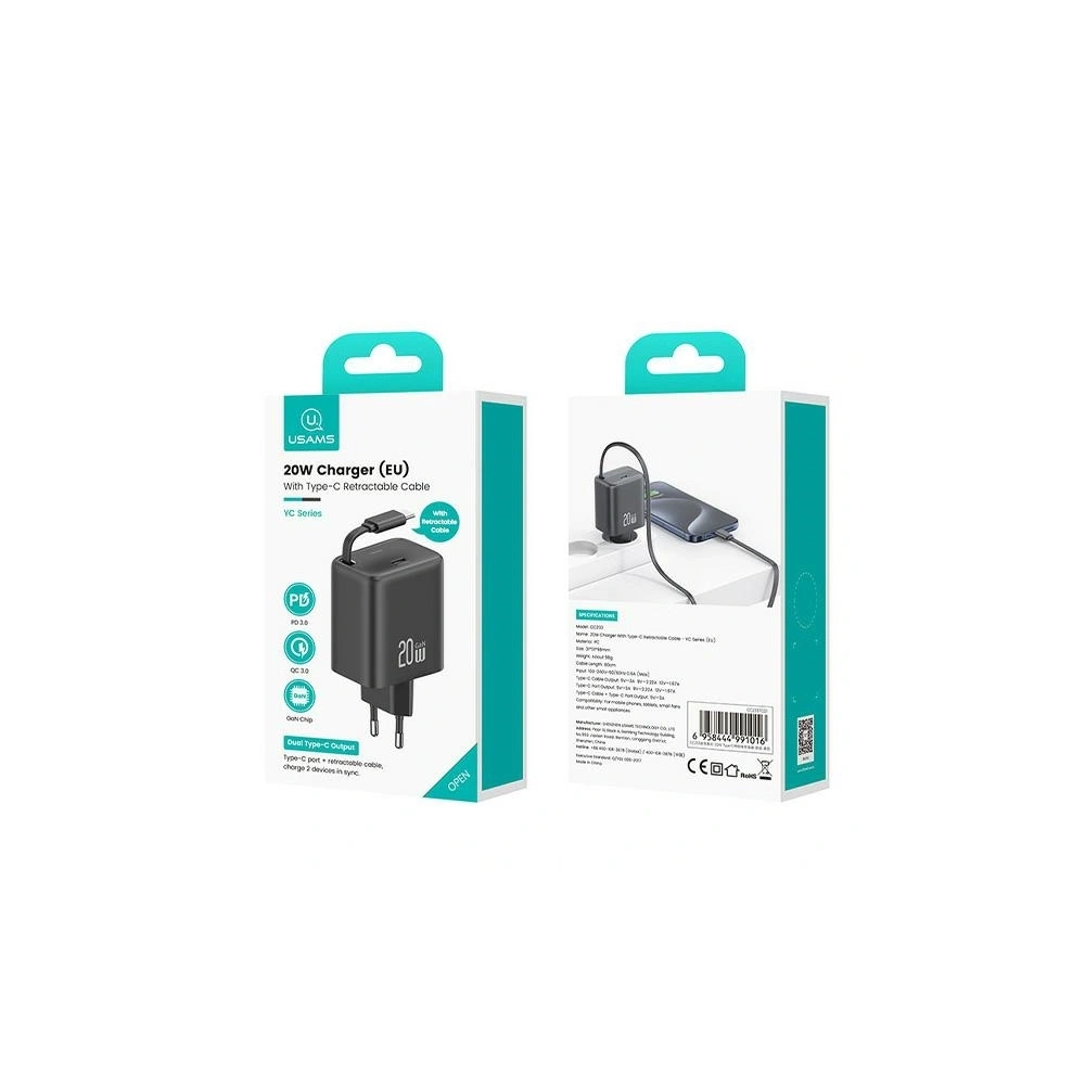 Hurtownia GSM - USAMS USB-C Fali Töltő + kihúzható USB-C PD+QC 20W Gan Gyors Töltés fehér YC Sorozat - USA1170 - {ean13} - Hurt