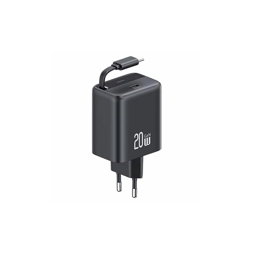 Hurtownia GSM - USAMS USB-C Wandladegerät + Aufrollbares USB-C Kabel PD+QC 20W Gan Schnellladung Schwarz YC-Serie - USA1171 - {ean13} - Hurt