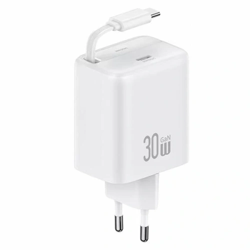 Ładowarka sieciowa USAMS USB-C + zwijany kabel USB-C PD+QC 30W Gan Fast Charging biały YC Series - Sieciowe - Usams