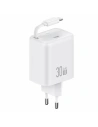 USAMS USB-C Fali Töltő + kihúzható USB-C kábel PD+QC 30W Gan Gyors Töltés fehér YC Sorozat
