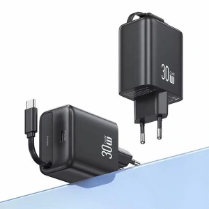Hurtownia GSM - USAMS USB-C Fali Töltő + kihúzható USB-C kábel PD+QC 30W Gan Gyors Töltés fehér YC Sorozat - USA1172 - {ean13} - Hurt