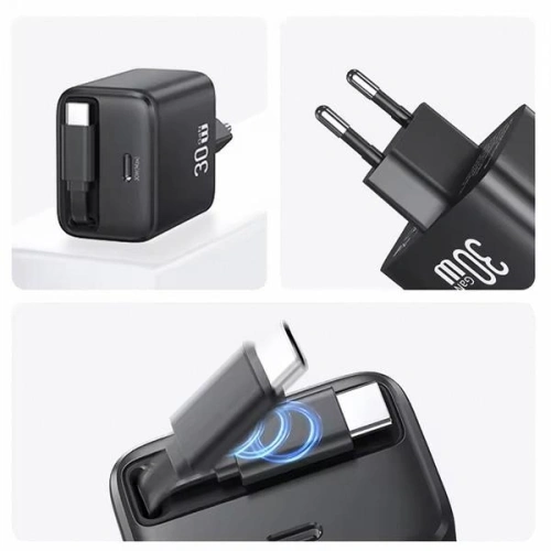 Ładowarka sieciowa USAMS USB-C + zwijany kabel USB-C PD+QC 30W Gan Fast Charging biały YC Series - Sieciowe - Usams