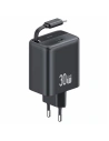 USAMS USB-C Fali Töltő + kihúzható USB-C kábel PD+QC 30W Gan Gyors Töltés fekete YC Sorozat