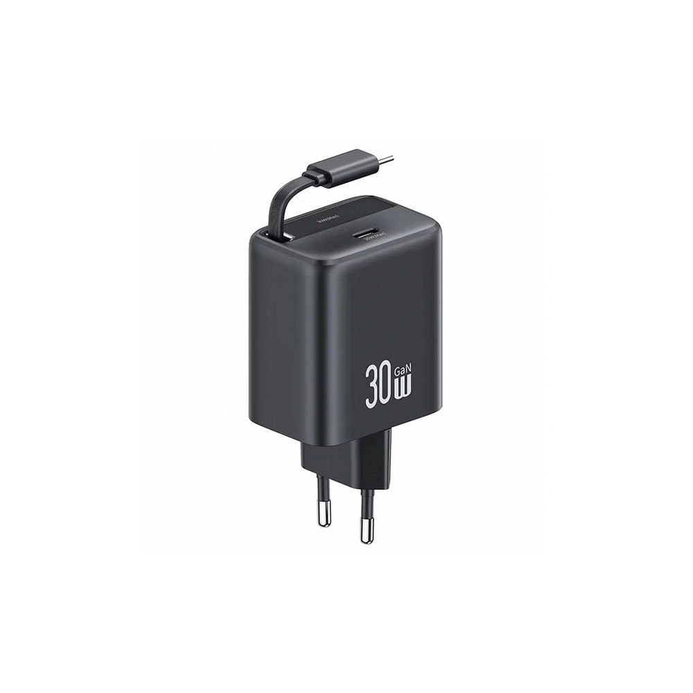 Hurtownia GSM - USAMS USB-C nástěnná nabíječka + zatahovací USB-C kabel PD+QC 30W Gan rychlé nabíjení černá YC série - USA1173 - {ean13} - Hurt