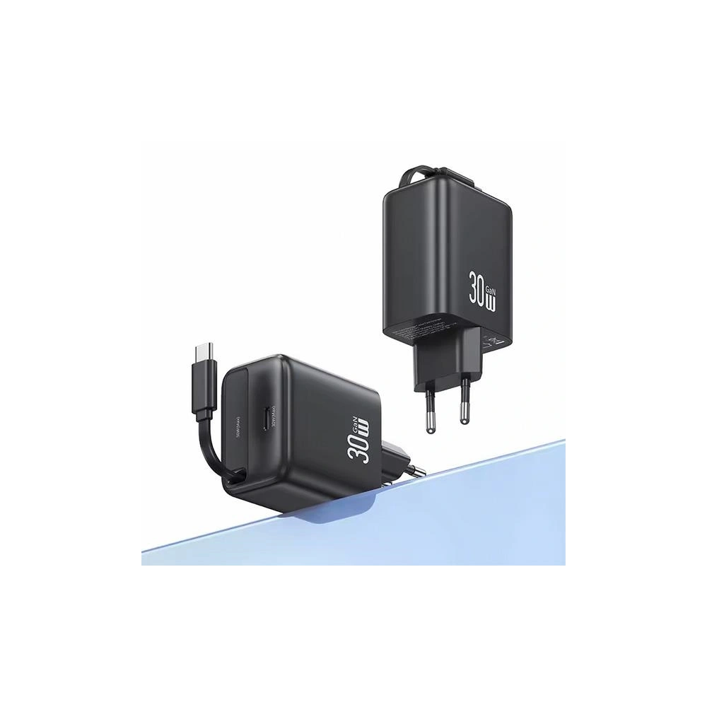 Hurtownia GSM - USAMS USB-C nástěnná nabíječka + zatahovací USB-C kabel PD+QC 30W Gan rychlé nabíjení černá YC série - USA1173 - {ean13} - Hurt